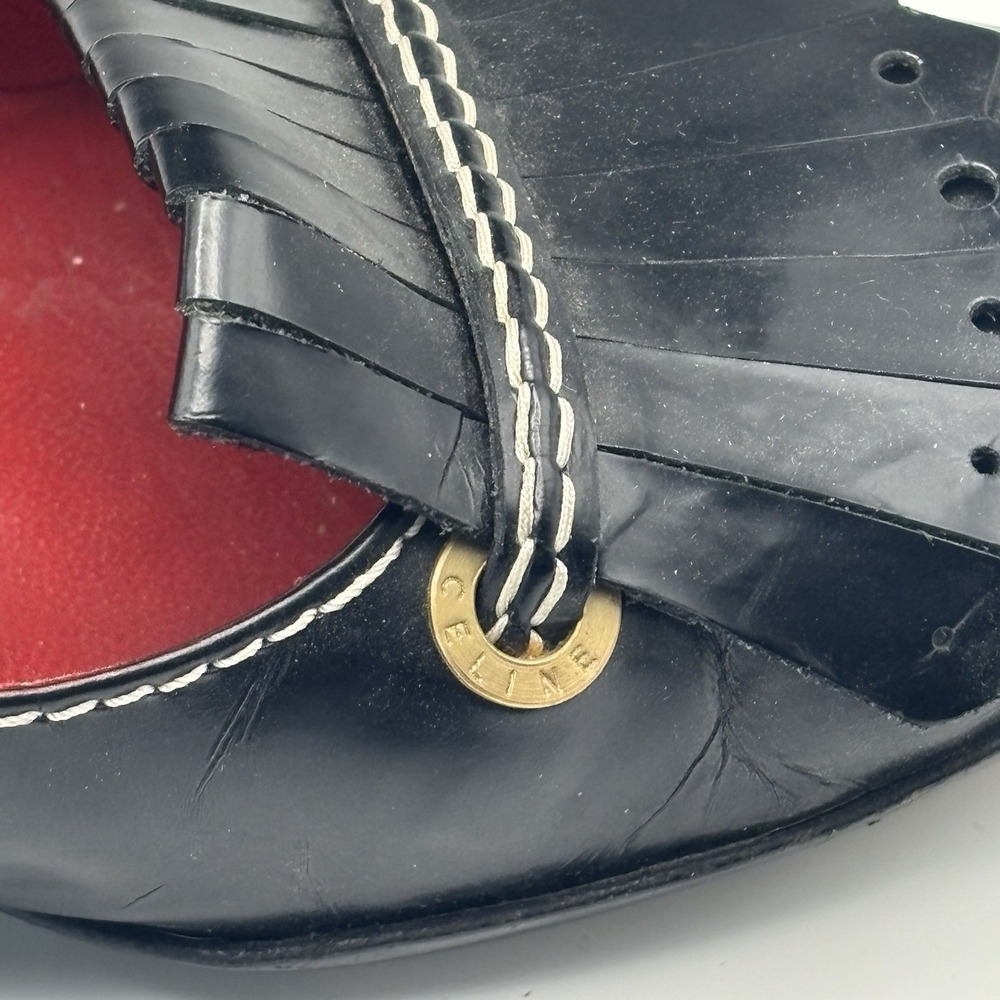 Vintage CELINE Paris Black Leather Kiltie Loafers White Stitch 38 B Made‎ Italy - Picture 2 of 11
